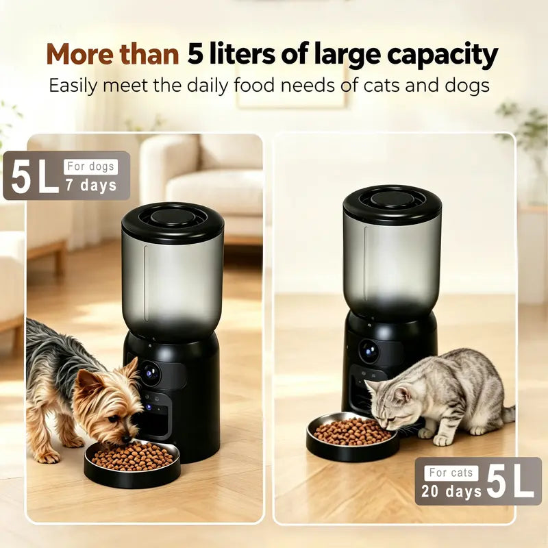 Taleboss Smart Automatic Cat Feeder with Camera, 5L Capacity, Laser Toy, 1080P HD Video, App Control, Night Vision, Dual Band Wi-Fi, and Two-Way Audio