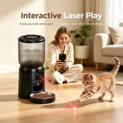 Taleboss Smart Automatic Cat Feeder with Camera, 5L Capacity, Laser Toy, 1080P HD Video, App Control, Night Vision, Dual Band Wi-Fi, and Two-Way Audio