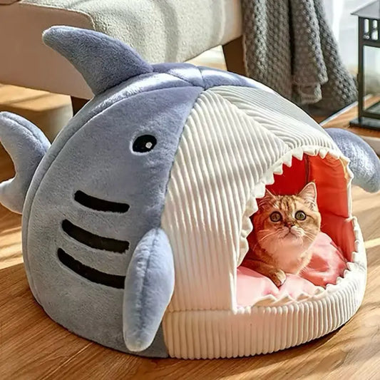 Winter Warm Shark Design Cat and Dog Bed - Semi-Closed Plush Mat for Small Pets