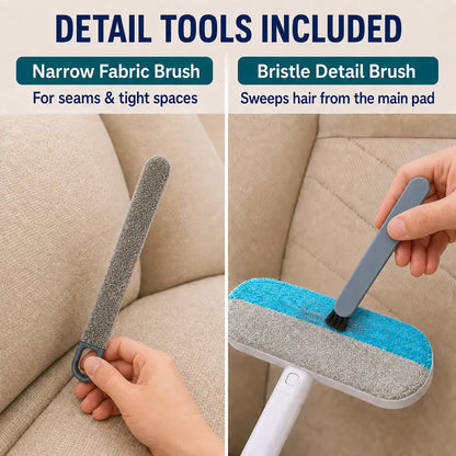 4-in-1 Reusable Pet Hair Remover Brush with Long Handle, Detail Brushes, Flexible Bristles, and Reusable Pads for Effective Deshedding and Fur Removal on Multiple Surfaces