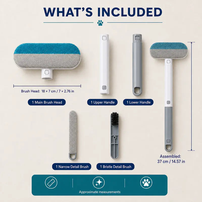4-in-1 Reusable Pet Hair Remover Brush with Long Handle, Detail Brushes, Flexible Bristles, and Reusable Pads for Effective Deshedding and Fur Removal on Multiple Surfaces