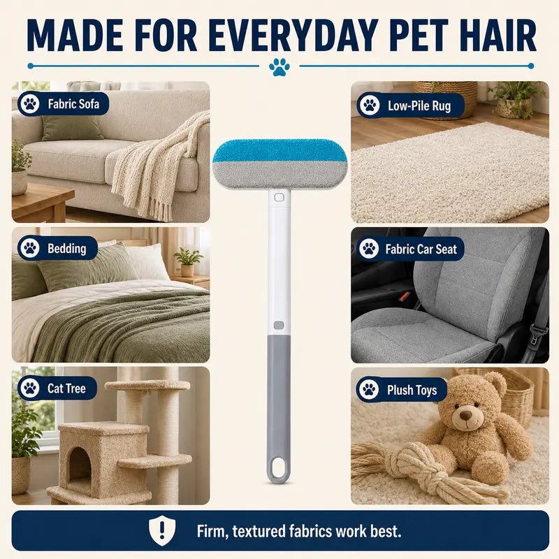 4-in-1 Reusable Pet Hair Remover Brush with Long Handle, Detail Brushes, Flexible Bristles, and Reusable Pads for Effective Deshedding and Fur Removal on Multiple Surfaces