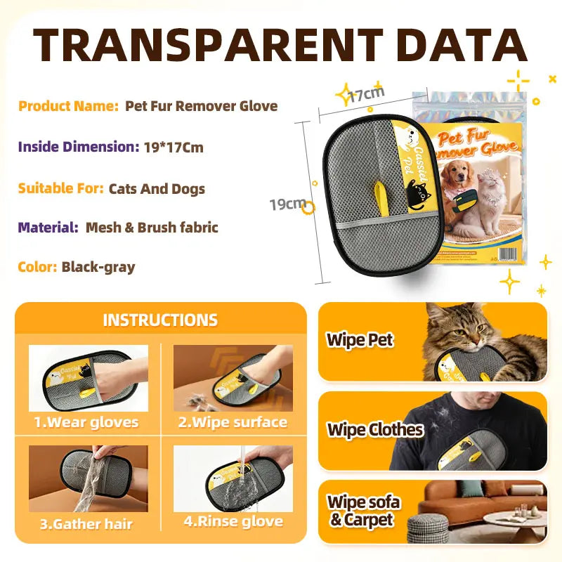 Cassiel-Pet Professional Pet Hair Removal Gloves for Grooming and Cleaning Upholstery, Carpets, and Car Interiors