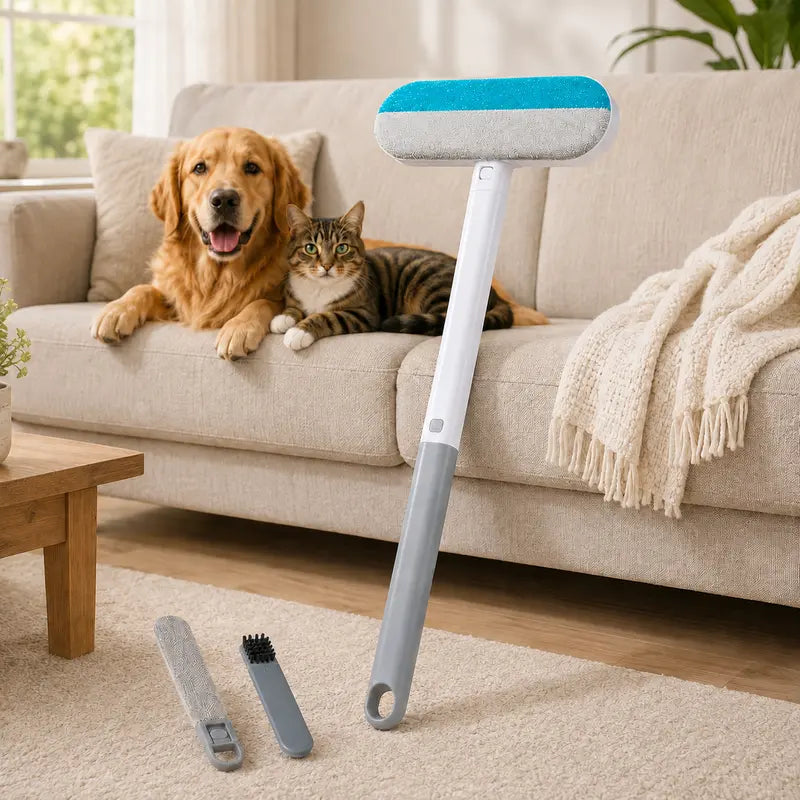 4-in-1 Reusable Pet Hair Remover Brush with Long Handle, Detail Brushes, Flexible Bristles, and Reusable Pads for Effective Deshedding and Fur Removal on Multiple Surfaces