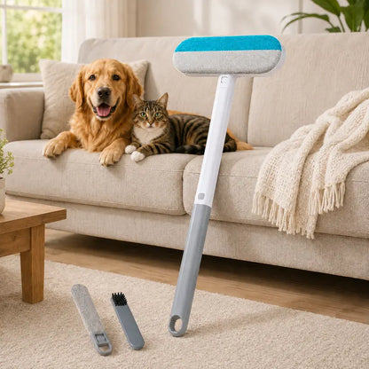 4-in-1 Reusable Pet Hair Remover Brush with Long Handle, Detail Brushes, Flexible Bristles, and Reusable Pads for Effective Deshedding and Fur Removal on Multiple Surfaces