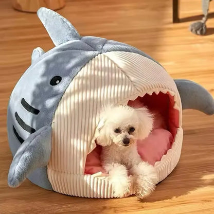 Winter Warm Shark Design Cat and Dog Bed - Semi-Closed Plush Mat for Small Pets