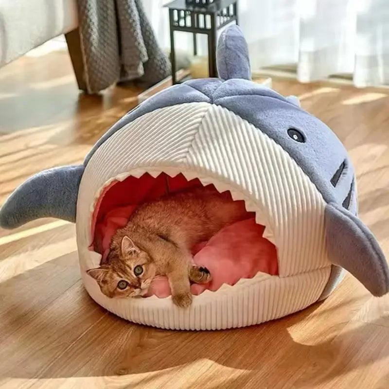 Winter Warm Shark Design Cat and Dog Bed - Semi-Closed Plush Mat for Small Pets