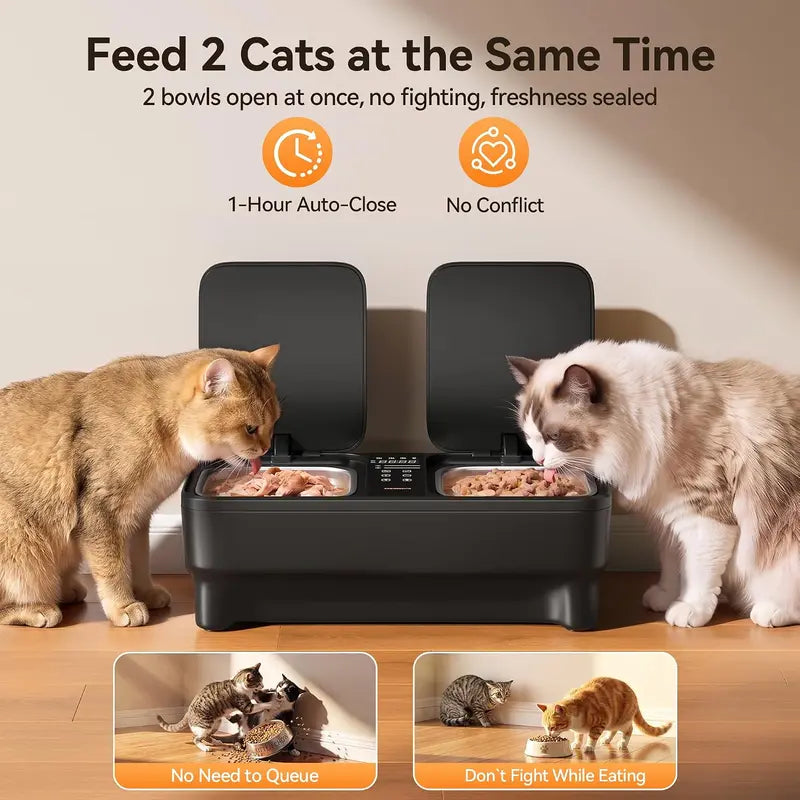 Meowant Automatic Wet Food Cat Feeder with Stainless Steel Bowls, Semiconductor Cooling & Pre-Heating, 360° Even Temperature, Dual-Bowl Independent Control, Timer Control & Voice Call Functionality, for 1-2 Cats, Steel Bowl