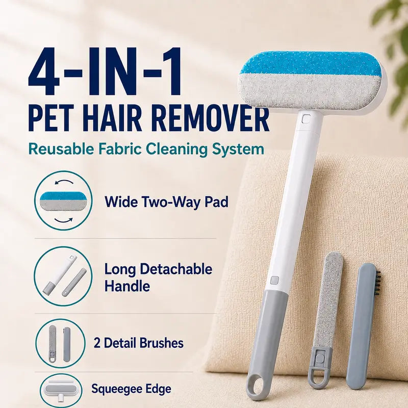 4-in-1 Reusable Pet Hair Remover Brush with Long Handle, Detail Brushes, Flexible Bristles, and Reusable Pads for Effective Deshedding and Fur Removal on Multiple Surfaces