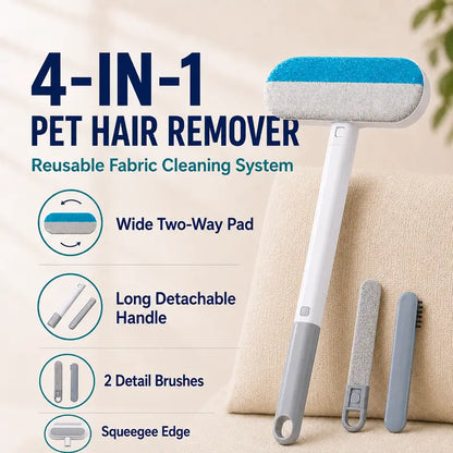 4-in-1 Reusable Pet Hair Remover Brush with Long Handle, Detail Brushes, Flexible Bristles, and Reusable Pads for Effective Deshedding and Fur Removal on Multiple Surfaces