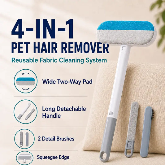 4-in-1 Reusable Pet Hair Remover Brush with Long Handle, Detail Brushes, Flexible Bristles, and Reusable Pads for Effective Deshedding and Fur Removal on Multiple Surfaces