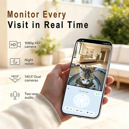 Taleboss Smart Automatic Cat Feeder with Camera, 5L Capacity, Laser Toy, 1080P HD Video, App Control, Night Vision, Dual Band Wi-Fi, and Two-Way Audio