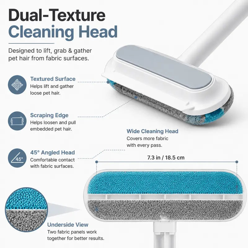 4-in-1 Reusable Pet Hair Remover Brush with Long Handle, Detail Brushes, Flexible Bristles, and Reusable Pads for Effective Deshedding and Fur Removal on Multiple Surfaces