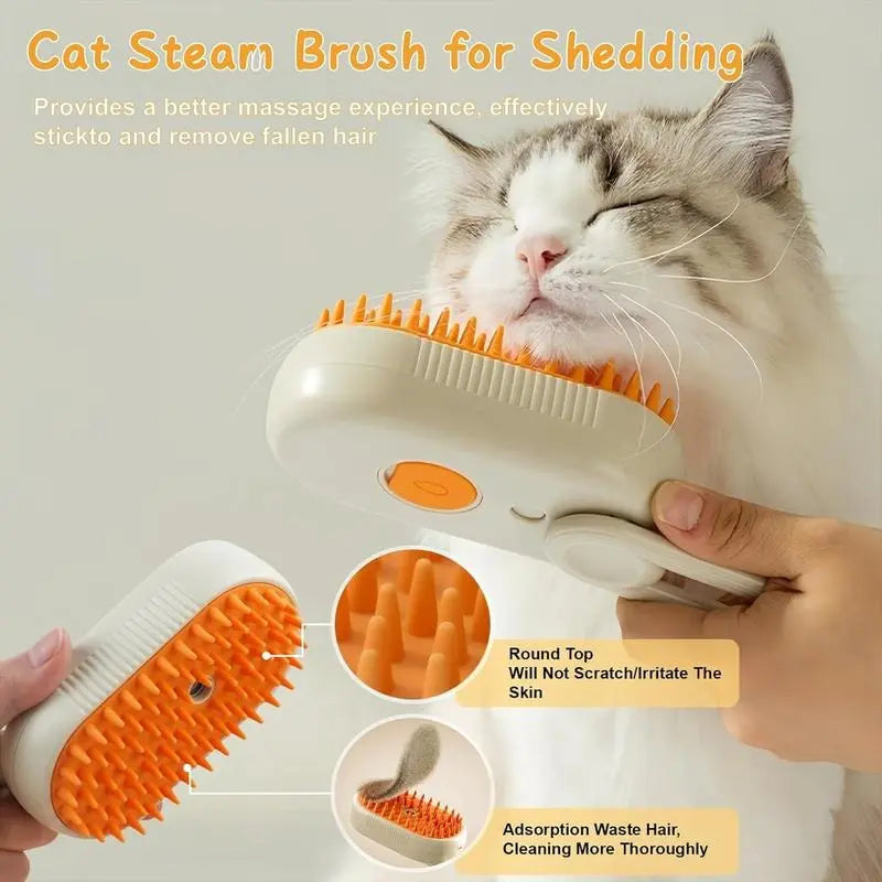 3-in-1 Electric Steam Spray Pet Grooming Brush - Ergonomic 360° Handle, Deshedding Tool, and Massage Accessory for Cats and Dogs