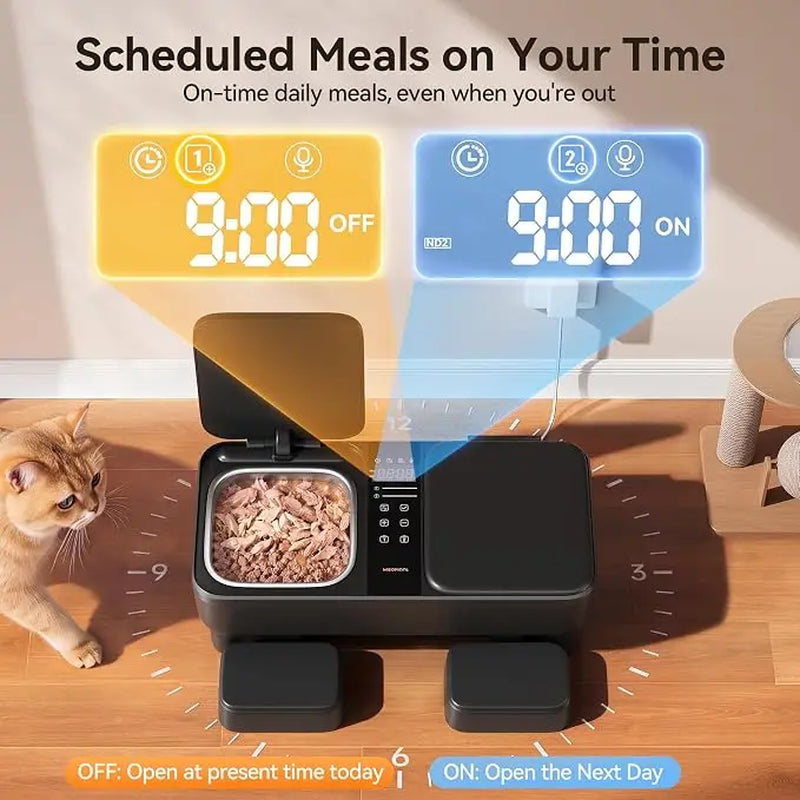 Meowant Automatic Wet Food Cat Feeder with Stainless Steel Bowls, Semiconductor Cooling & Pre-Heating, 360° Even Temperature, Dual-Bowl Independent Control, Timer Control & Voice Call Functionality, for 1-2 Cats, Steel Bowl